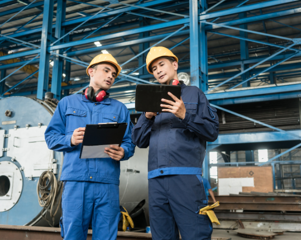 two asian male factory workers reviewing processes