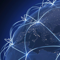 A navy blue world map, depicting global communication