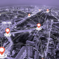 numerous city locations annotated with coral red pins