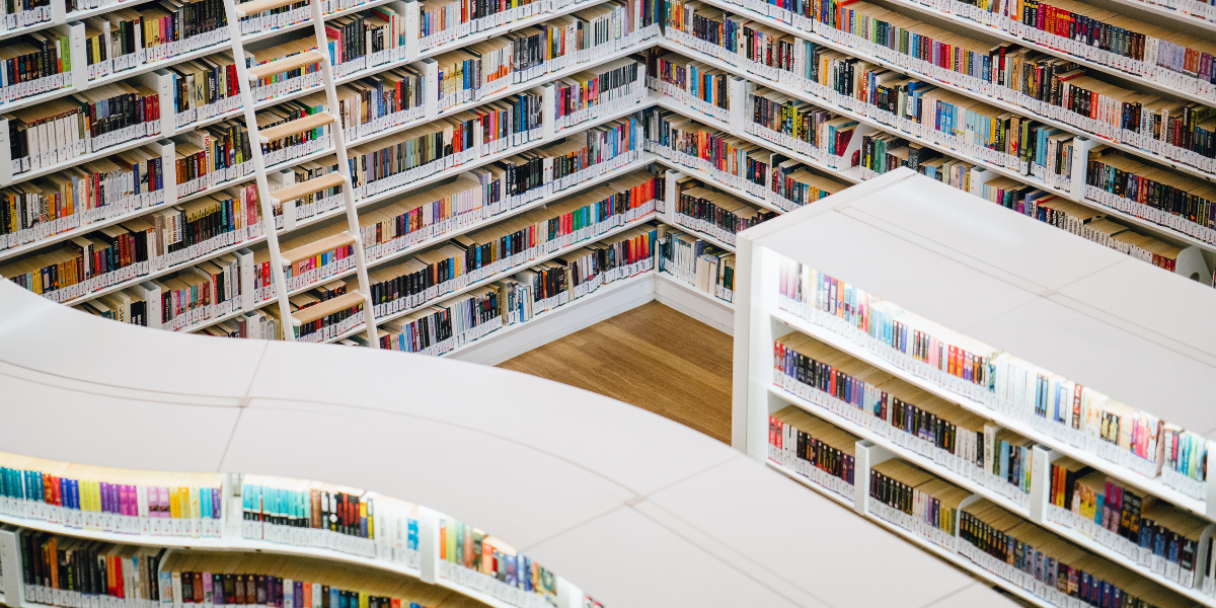 An overhead view of a library filled with books