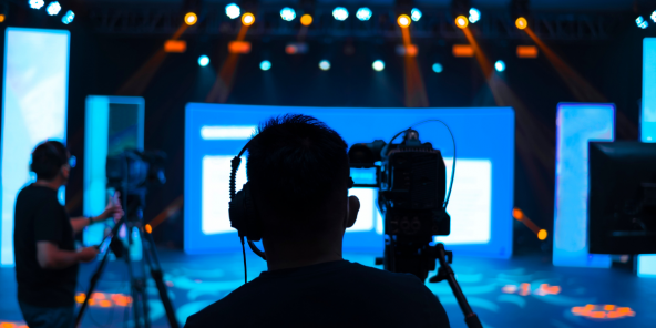 A silhouette of a cameraman in front of a stage with digital screens