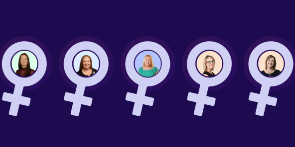indigo purple background featuring the female symbol with headshot photos