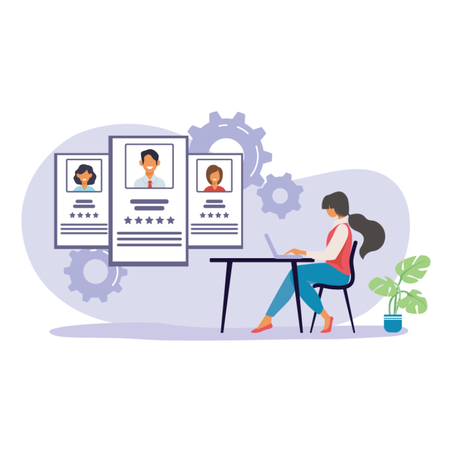 illustration of a woman sat a desk with a laptop, reviewing candidate profiles displayed on screens, with gears in the background.