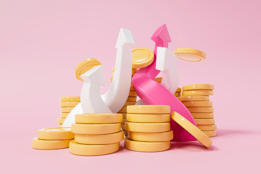 coins and arrows on pink background to represent savings and growth 