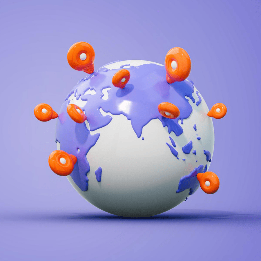 globe with red location pins dotted around it