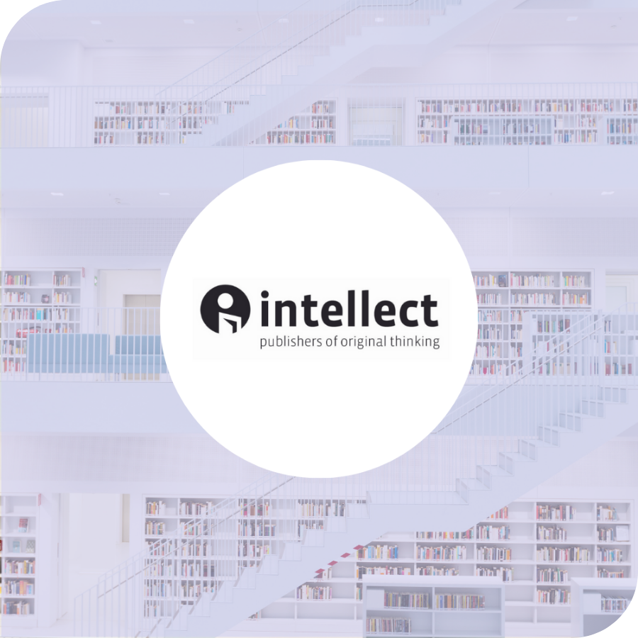 The Intellect Books logo on a mauve overlay and image of a minimalistic library