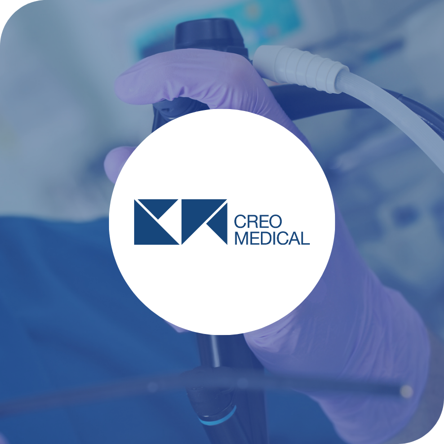 A photo of an endoscopy with a navy overlay and the Creo Medical logo