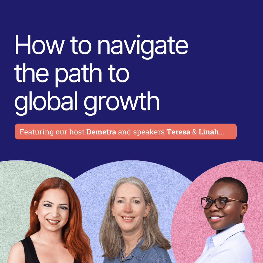 indigo coloured background featuring speaker headshots and 'How to navigate the path to global growth''