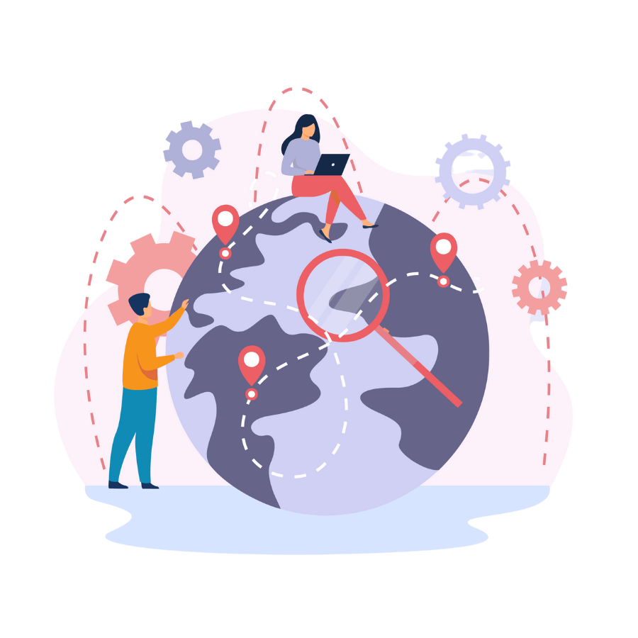 illustration of a mauve globe surrounded by people and light bulb and cog icons