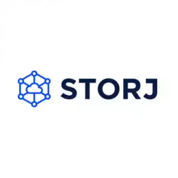 A vibrant blue cloud icon, next to the word 'Storj'
