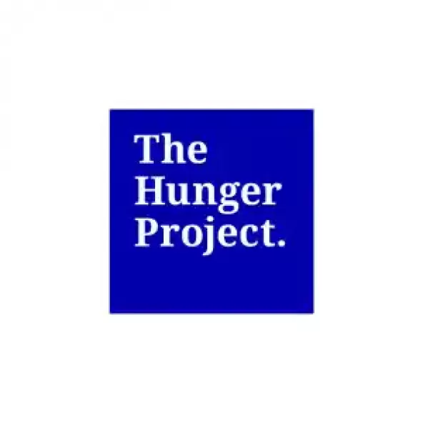 A vibrant blue square with the words 'The Hunger Project' in white