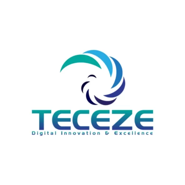 A series of teal, blue, and black plumes making up a circle, atop the word 'Teceze'