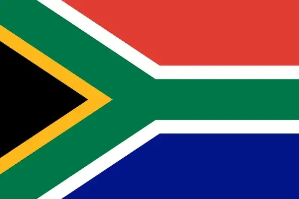 Flag of South Africa with a green, vertical Y-shape outlined in white, separating black and yellow on the left, and red, blue, and white sections on the right