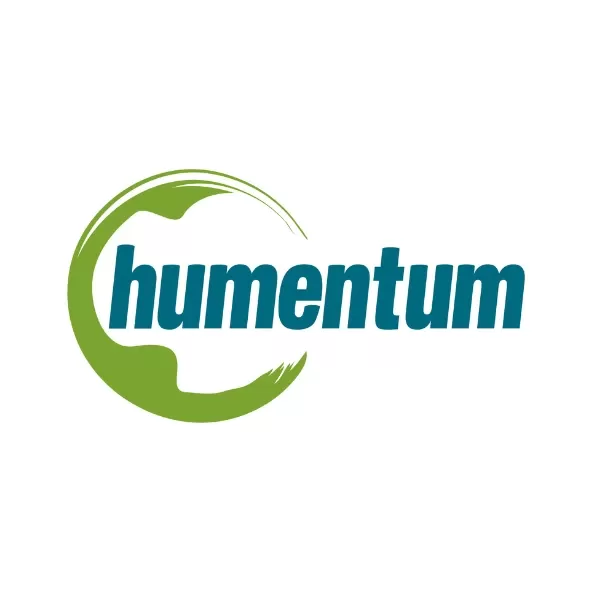 A green, white globe imprinted with the word 'Humentum' in teal