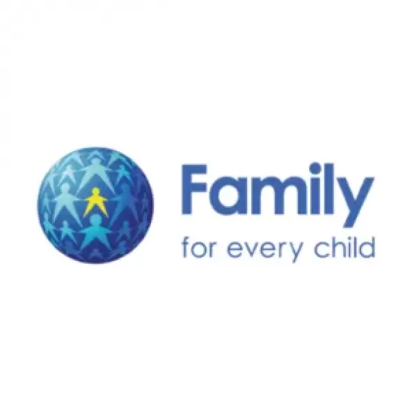 A blue globe featuring light blue and yellow stick figures, alongside the words 'Family for every child'